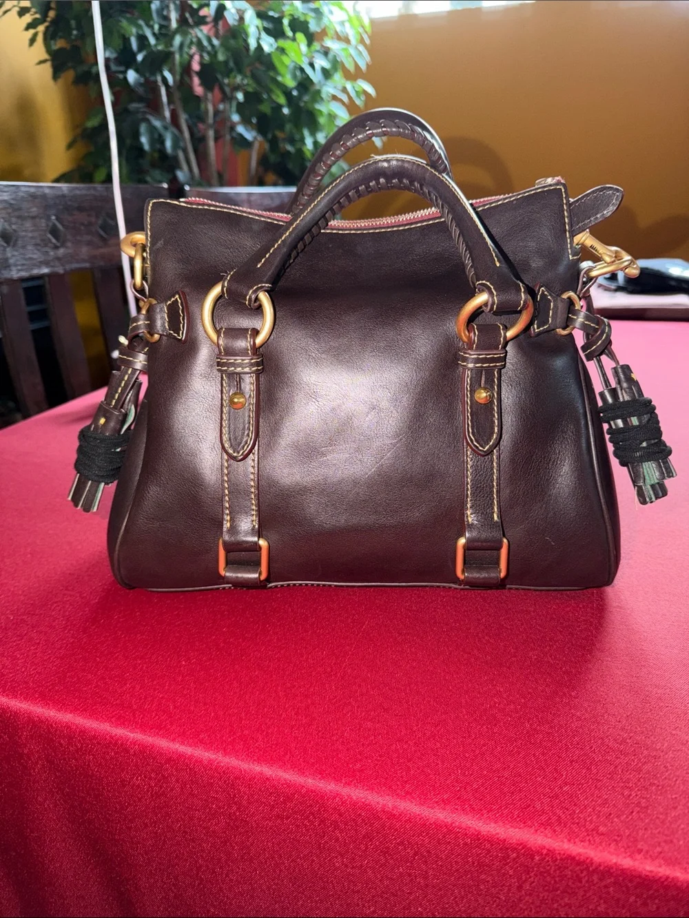 Dooney & Bourke Brown Tomro REGULAR Satchel with Gold Hardware and Red Trim